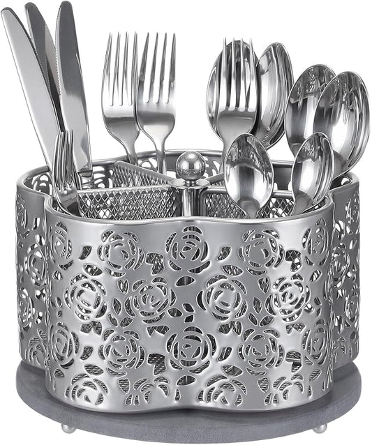 360 Degree Rotating Utensil Caddy Silverware Cutlery Caddy Holder with 5 Compartment Kitchen Countertop Organizer for Spoon Fork Flatware Storage for Home or Outdoor Picnic Camping(Silver)
