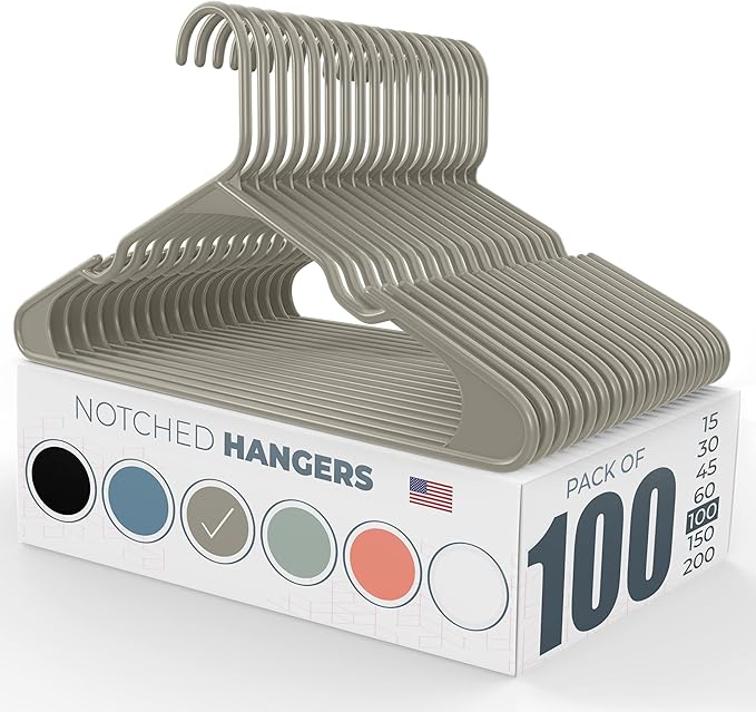Plastic Hangers 100 Pack - Made in The USA - 6lb Capacity Standard Clothes Hangers with Notches and Reinforced Edges for Dresses, Lingerie, Shirts, Pants, and Jackets - Gray