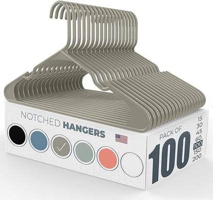 Plastic Hangers 100 Pack - Made in The USA - 6lb Capacity Standard Clothes Hangers with Notches and Reinforced Edges for Dresses, Lingerie, Shirts, Pants, and Jackets - Gray