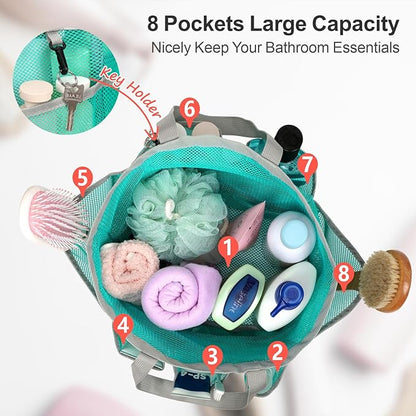 F-color Mesh Shower Caddy Portable with Drawstring - Large 8 Pockets Dorm Room Essentials for Guys Girls with S Hook, Shower Bag Basket Tote for College Camping Gym Travel Bathroom, 2 Pack Mint Green