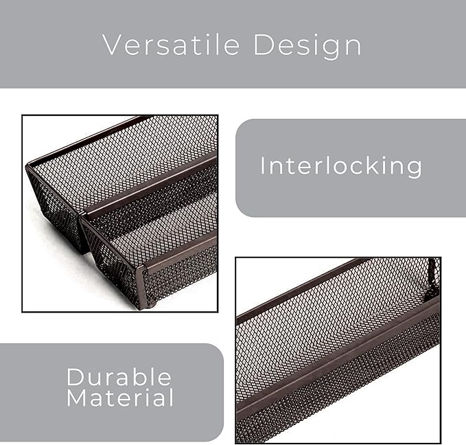 Smart Design Drawer Organizer - 12 x 3 Inch - Steel Metal Mesh Tray - with Interlocking Arm Connection - Utensils, Silverware, Organization - Kitchen - Bronze