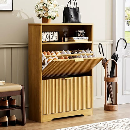 Shoe Cabinet Storage for Entryway Hidden Shoes Storage Cabinet with 2 Flip Drawers, Tall Free Standing Shoe Organizer Rack for Foyer, Hallway
