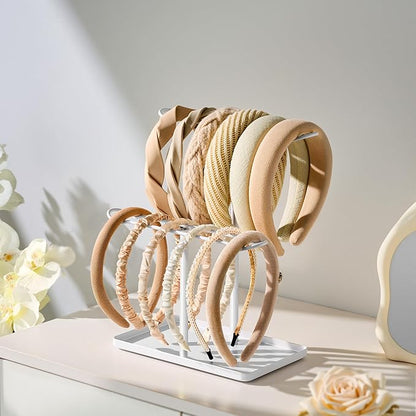 Headband Holder Organizer, 2-Tier T-bar Storage Stand with Tray for Hair Accessories Hairband Hair Clip, for Girls Women, White