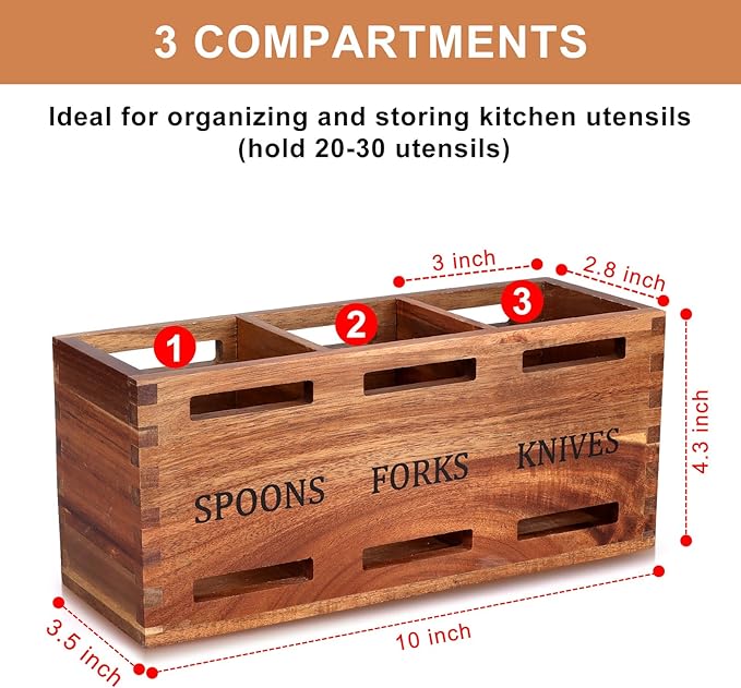 Acacia Wood Silverware Caddy Wooden Flatware Cutlery Holder Silverware Organizer Storage Small Utensil Holder for Kitchen Counter Spoon and Fork Holder Flatware Utensil Caddy for Party