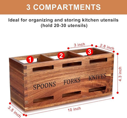 Acacia Wood Silverware Caddy Wooden Flatware Cutlery Holder Silverware Organizer Storage Small Utensil Holder for Kitchen Counter Spoon and Fork Holder Flatware Utensil Caddy for Party