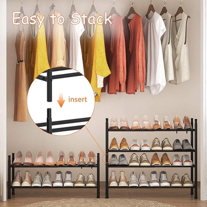 TZAMLI 2-Tier Expandable Metal Shoe Rack for Closet, Stackable Shoe Organizer Adjustable Metal Shoe Storage Small Shoe Shelf for Entryway Entrance, 17.2"-30" x 9" x 14" Inch Black
