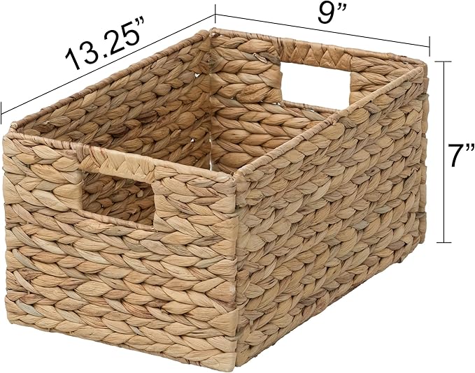 eHemco Rectangular Woven Hyacinth Wicker Pantry Storage Baskets with Iron Wire Frame, 13.25"x9"x7", Natural, Set of 2