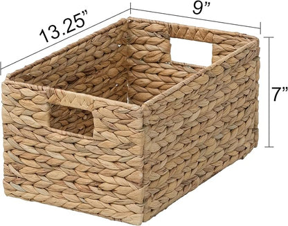 eHemco Rectangular Woven Hyacinth Wicker Pantry Storage Baskets with Iron Wire Frame, 13.25"x9"x7", Natural, Set of 2