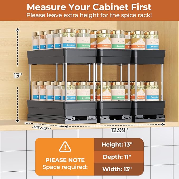 Mystozer Pull Out Spice Rack Organizer for Cabinet, Slide Out Spice Racks Organizer, Easy to Install Spice Cabinet Organizers, 4.33''Wx10.62''Dx8.66''H, 3 Packs -2 Tiers (Black)