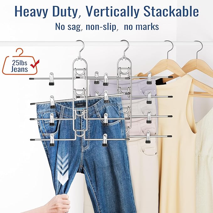 Pants Hangers With Clips, Newly Upgraded Detachable Space Saving Hangers for Skirts, Shorts & Trousers with Non slip clip,Heavy Duty Skirt Hangers - Hanging Closet Organizer And Storage,Patent Pending