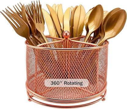 DysanVica 360 Rotating Metal Utensil Caddy - 4 Compartment Silverware Cutlery Holder Fork Spoon Napkin Organizer Flatware Storage Basket Party Countertop Buffet Picnic Camping Outdoor Rose Gold Pink