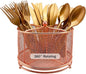 DysanVica 360 Rotating Metal Utensil Caddy - 4 Compartment Silverware Cutlery Holder Fork Spoon Napkin Organizer Flatware Storage Basket Party Countertop Buffet Picnic Camping Outdoor Rose Gold Pink