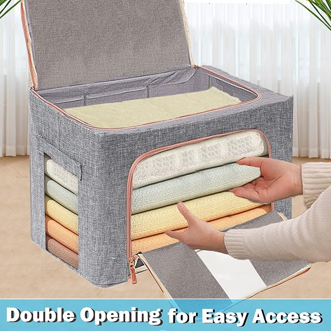 Linen Clothes Storage Bags, Sturdy Closet Organizers and Storage Bin with Hold Shape Metal Frame, 2 Opening Ways Fabric Visible Lidded Storage Box for Organizing Clothing,Bedding (2 Pack, 24L)