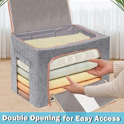 Linen Clothes Storage Bags, Sturdy Closet Organizers and Storage Bin with Hold Shape Metal Frame, 2 Opening Ways Fabric Visible Lidded Storage Box for Organizing Clothing,Bedding (2 Pack, 24L)