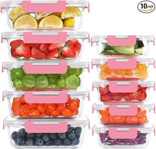 KOMUEE 10 Pack Glass Food Storage Containers, Meal Prep Containers with Lids, Airtight Glass Lunch Boxes, Freezer, Oven, and Microwave Safe, Pink