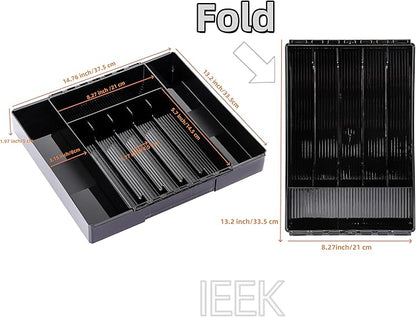 IEEK Silverware Organizer for Kitchen Drawers,Expandable Utensil Tray, Adjustable Cutlery and Flatware Holder,Plastic Drawer Dividers For Spoon Forks Knives Chopsticks Storage,Black-M