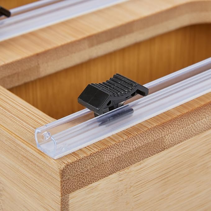 Kitchen Details Drawer Organizer | Multiple Food Storage Bag Compartments | Stores Up to 6 sizes | Kitchen Organization | Built In Slide Cuttlers | Bamboo