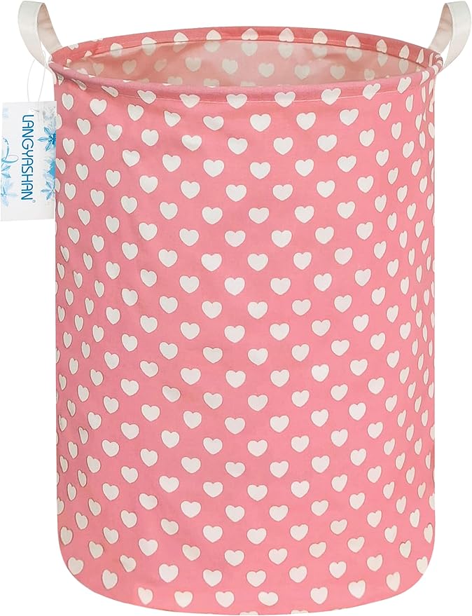 Laundry Basket Canvas Fabric Collapsible Organizer Basket for Storage Bin Toy Bins Gift Baskets Bedroom Clothes Children Nursery Hamper (pink heart)