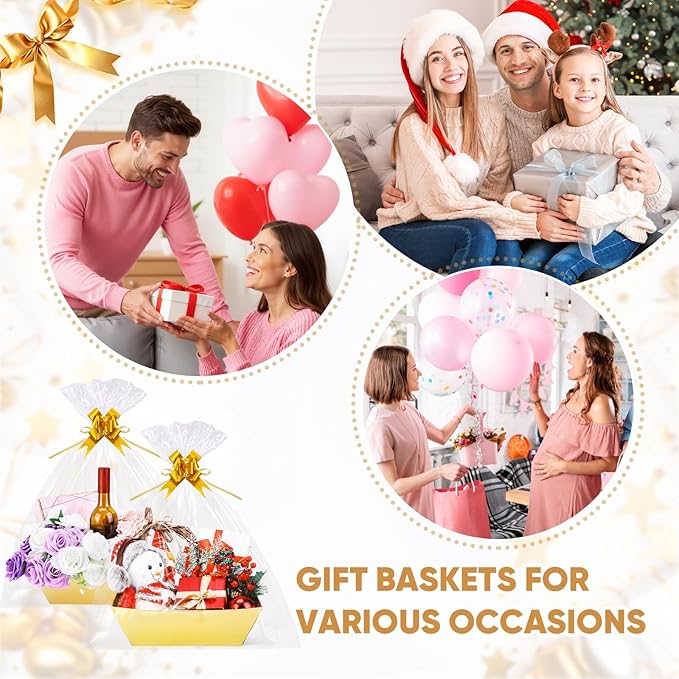 AFOROEOA 10PACK Gold Baskets For Gifts Empty, 10x12” Thick Gift Basket with 10 Bows 10 Bags Empty Gift Baskets for Christmas, Valentine’s Day, Easter, Birthdays, Valentine’s Day Wrapping Gift