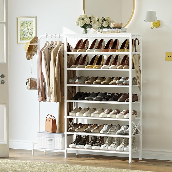 Shoe Rack with Coat Rack, 8 Tier Tall Shoe Storage Organizer with Hooks, 3-in-1, Wooden Top Shelf, Sturdy Frame, Metal Clothes Hanger Stand for Entryway, Closet, White