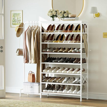 Shoe Rack with Coat Rack, 8 Tier Tall Shoe Storage Organizer with Hooks, 3-in-1, Wooden Top Shelf, Sturdy Frame, Metal Clothes Hanger Stand for Entryway, Closet, White