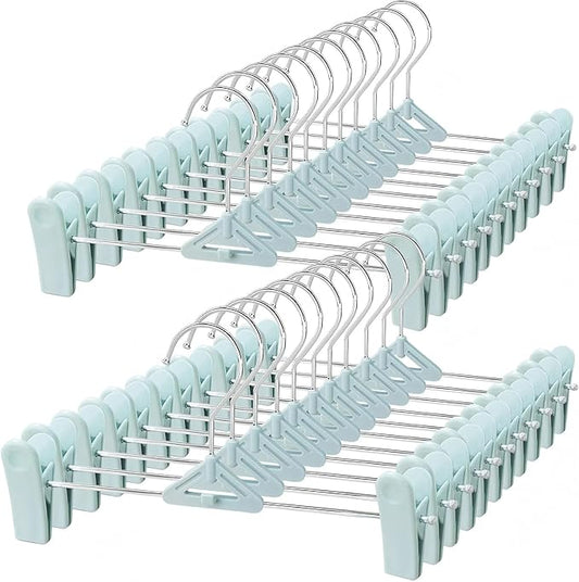 Pants Hangers with Clips 30 Pack, Stackable Space-Saving Skirt Hangers with Adjustable Non-Slip Clips, 360° Swivel Hook, Closet Organizer for Pants, Shorts, Jeans, Blue