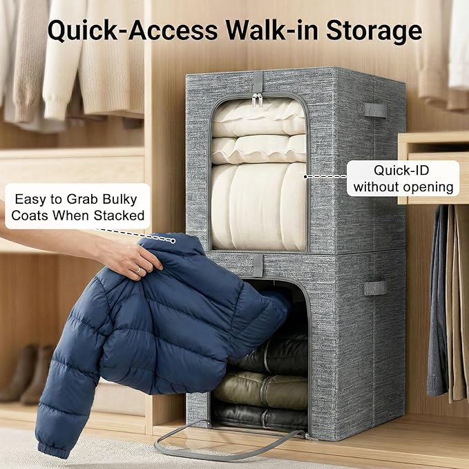 GoMaihe Blanket Storage Bins with Metal Frame, 6-Pack Large Closet Storage Bins with Lid & Clear Window, Comforter Bedding Storage Organizer for Walk-in Closet Cationic Fabric 55L