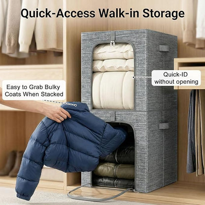 GoMaihe Blanket Storage Bins with Metal Frame, 6-Pack Large Closet Storage Bins with Lid & Clear Window, Comforter Bedding Storage Organizer for Walk-in Closet Cationic Fabric 55L