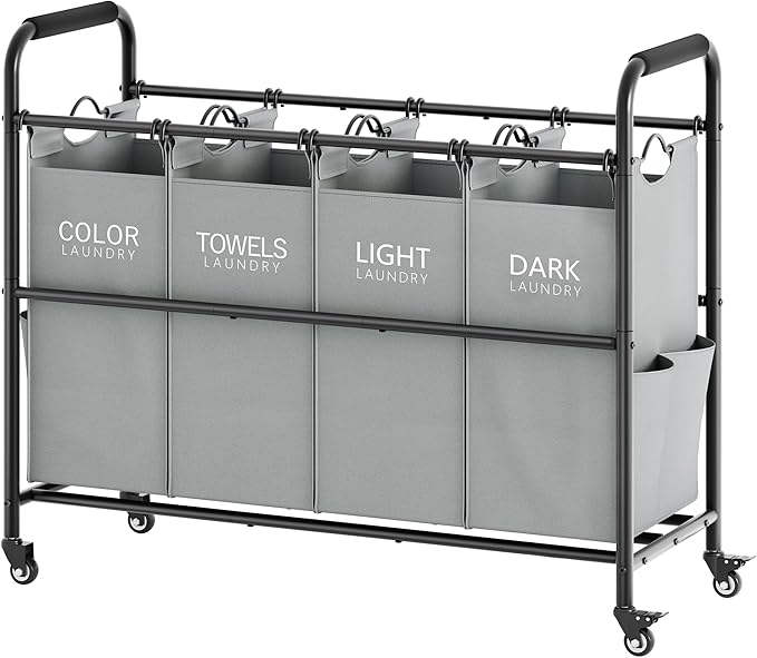 Tajsoon 4 Bag Laundry Sorter Cart, 4 Section Laundry Hamper Sorter with Heavy Duty Lockable Rolling Wheels, Laundry Separator Hamper with Removable Bags for Dirty Clothes Storage, Grey
