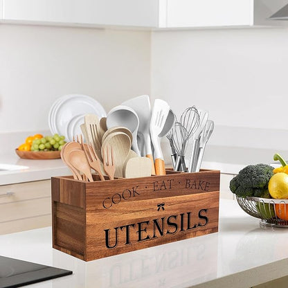 Suli Extra Large Kitchen Utensils Holder with 4 Compartments (Acacia Brown)