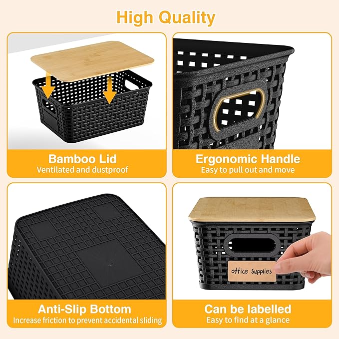 Plastic Storage Baskets with Bamboo Lids and Labels, Stackable Storage Containers, Storage Bins for Organizing Shelves Drawers Desktop Closets Office, 6 Packs-Black