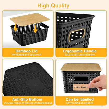 Plastic Storage Baskets with Bamboo Lids and Labels, Stackable Storage Containers, Storage Bins for Organizing Shelves Drawers Desktop Closets Office, 6 Packs-Black