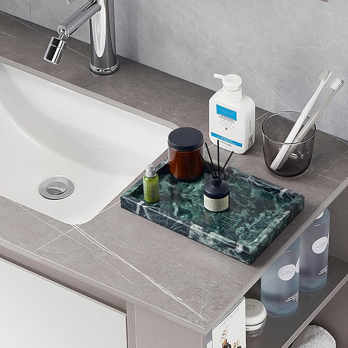 Real Natural Marble Tray for Bathroom, Vanity, Kitchen and Desktop, Rectangle Genuine Marble Stone Tray for Jewelry, Cosmetics, Candles, Lotion, Perfume (Snowflake-Green, 12" x 8" x 1.2")