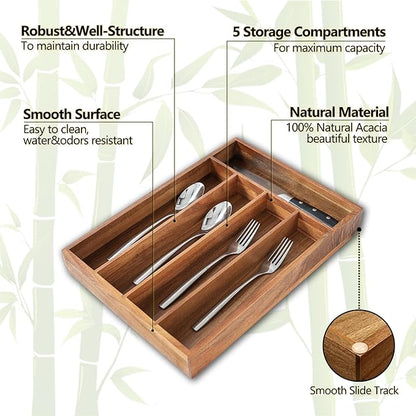 Silverware Organizer, 10 Inch Utensil Organizer Kitchen Drawer Organizer Acacia Silverware Holder Cutlery Tray Organizer in Drawer Flatware Organizer Tray(5 slots, Acacia
