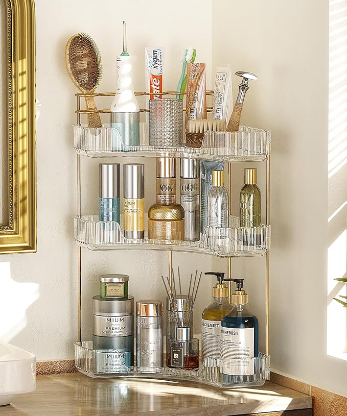 EUHOME 3-Tier Corner Bathroom Counter Organizer Makeup Cosmetic Storage, Tool-Free Installation Acrylic Vanity Shelf, Countertop Storage Organizers Perfume Tray for Bathroom, Dresser, Kitchen (Clear)