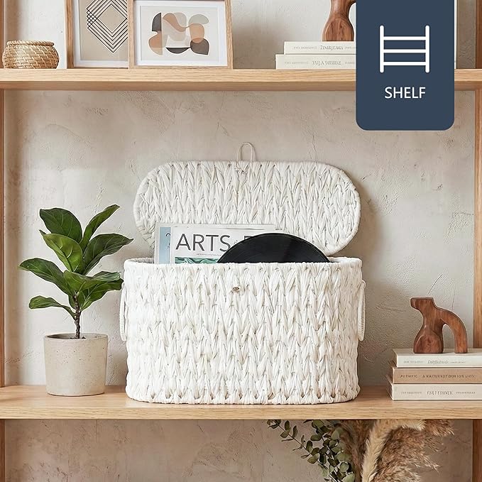 Coeusy Toilet Paper Basket,Wicker Toilet Paper Storage with Lid,Decorative Boho Wicker Basket for Bathroom,Free Standing-Cream White