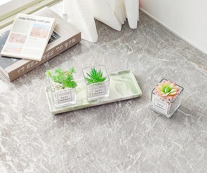 9.2" Porcelain Small Bathroom Tray, Ceramic Countertop and Vanity Tray for Cosmetics, Perfume, Jewelry, Candle - Kitchen Soap Tray for Kitchen Counter (Green)