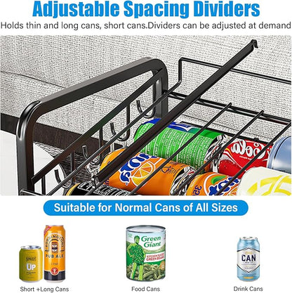 6-Tier Stackable Soda Can Rack Organizer for Pantry, Adjustable Can Dispenser Holds Up to 60 Cans, with 12 Hooks, Can Storage Holder for Various Ounces of Canned Food Soda Drinks, Black, 2 Pack