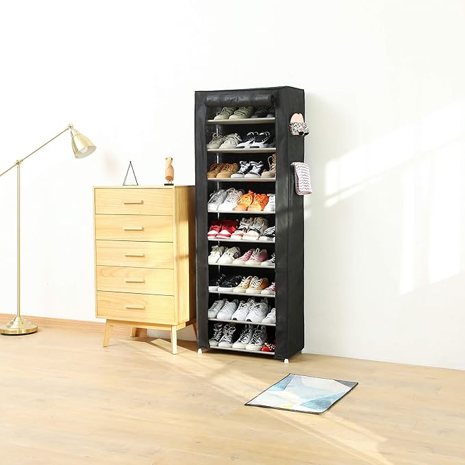 PENGKE 9-Tier Shoe Storage Organizer with Dustproof Cover - Closet Cabinet Shelf Holds up to 27 Pairs - for Doorway, Corridor, Balcony, Living Room - Black