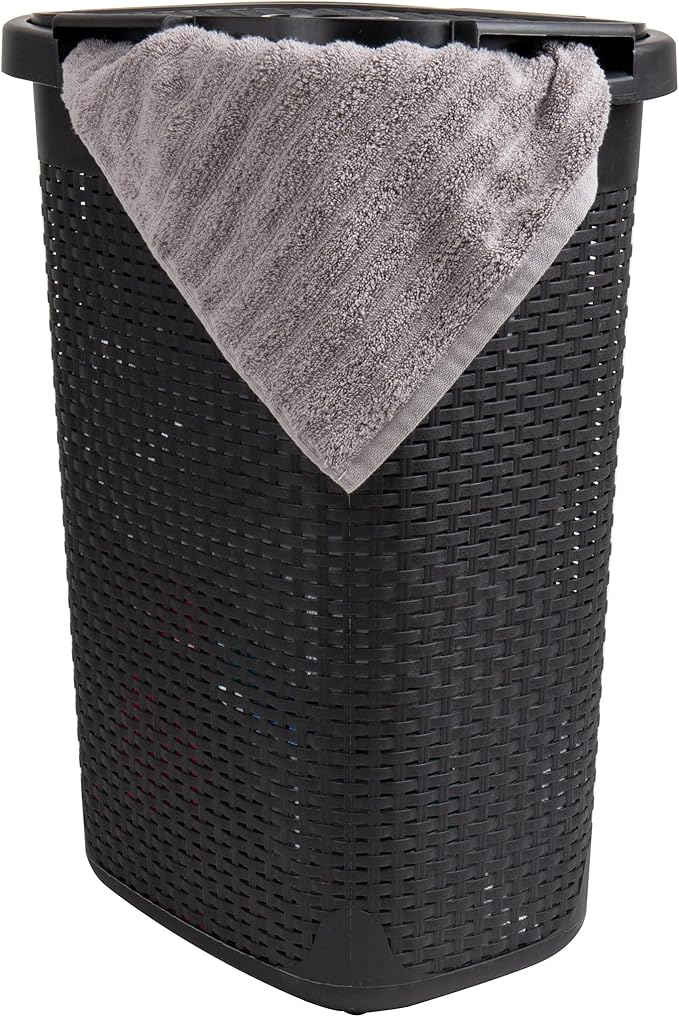 Mind Reader Slim Laundry Hamper with Lid, 60L Tall Clothes Basket, Narrow Tapered Design for Bathrooms, Closets and Laundry Rooms, Plastic, 2 Pack, Black