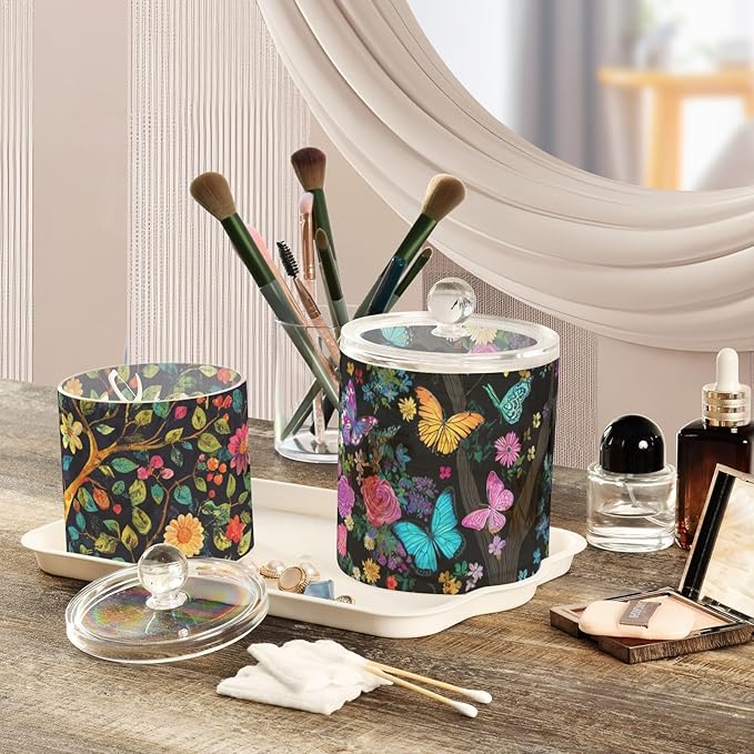 2 Pack Qtip Dispenser Apothecary Jars with Lids Cotton Round Holder Bathroom Canisters for Cotton Swab Floss Ball Pads Clear Plastic Decorative Rose Flower Butterfly Tree Black