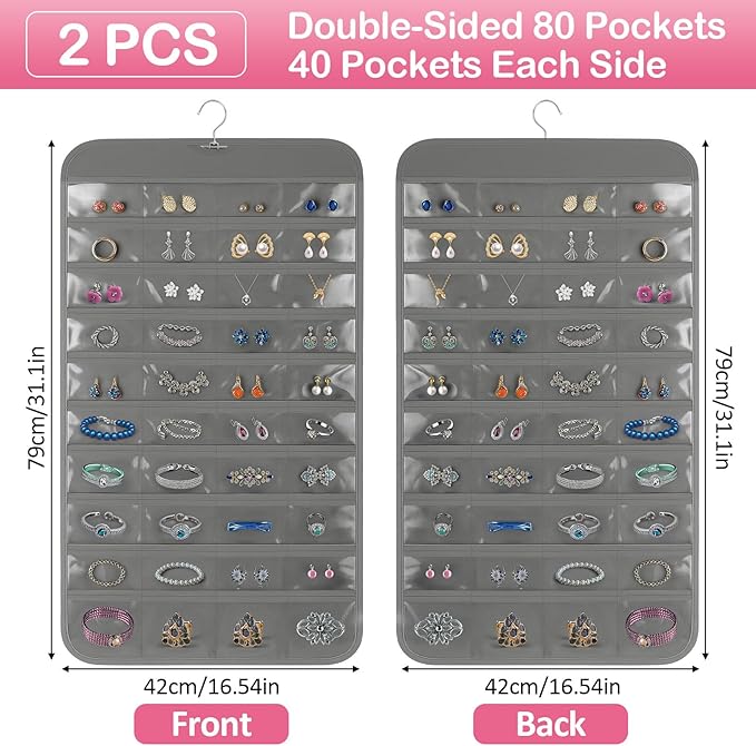 2 Pack Hanging Jewelry Organizer, 80 Clear Pockets earring organizer and storage, Accessories holder organizer for Closet, Jewelries, Necklace, Travel