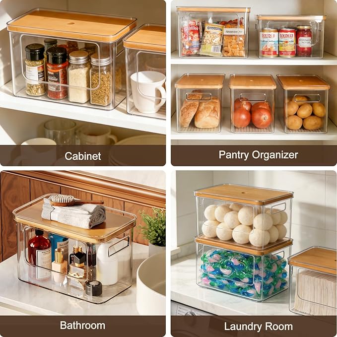 Hudgan Pantry Organizers and Storage with Straight Side, 2 Set Stackable Bin with Open Front for Onion,Potato,Garlic,Fruit, Clear Storage Bin with Bamboo Lid for Kitchen Cabinet, Countertop, Bathroom