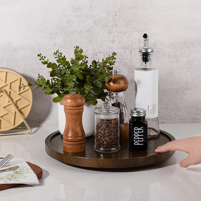 Wood Lazy Susan Organizer Kitchen Turntable for Cabinet Farmhouse Bathroom Decor Round Decorative Tray for Vanity, Counter, Sink, Coffee Table, 12 Inch, Walnut
