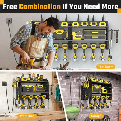 ZESEN Power Tool Organizer Wall Mount, 3 Layer Charging Station with 6 Outlets, 4 Drill Holders and Drill Bit Rack, Tool Holder Storage Shelf Rack for Garage, Workbench and Workshop, Black