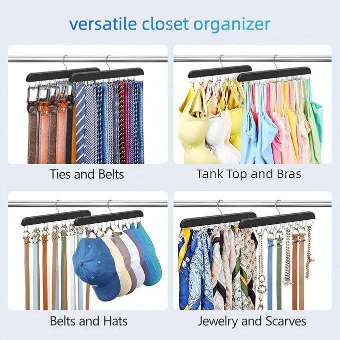 2 Packs Tie Rack & Belt Hanger 2 in 1 Hanger for Closet Organizer Max 42 Belts with 60 Ties Capacity Durable Wooden Tie and Belt Collection Organizer U for Belt and 一 for Tie Racks (Black)