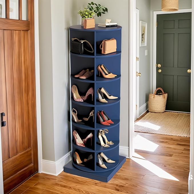 Rotating Shoe Rack Tower, 360-Degree Circular Storage Organizer for Shoes and Handbags, Vertical Space-Saving Cabinet for Entrance Hall, Independent Rotating Shoe Shelf（A-Blue）