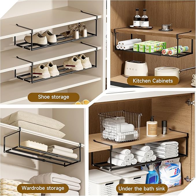 UFORU Expandable Hanging Shoe Rack Organizer for Closet, Adjustable Shoe Rack Under Cabinet Shelf, Versatile Under Shelf Storage for Kitchen, Book, Clothing Storage and Organization(Black,4PCS)