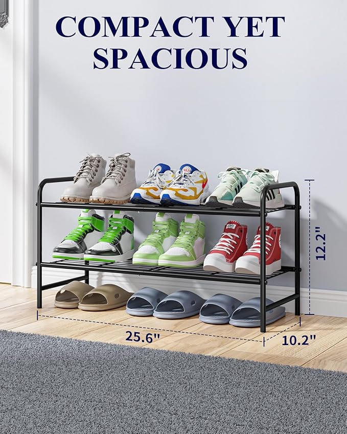 Kitsure Shoe Rack - Stainless Steel Shoe Organizer, Sturdy Shoe Rack for Closet and Front Door Entrance, Free Standing Shoe Shelf, Closet Organizers and Storage, 25.6" Wide - 2 Tier, Black