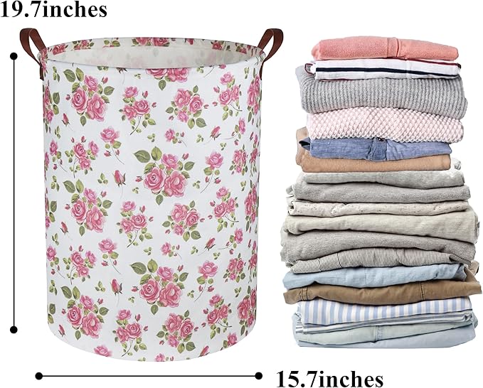 Roses Pink Laundry Basket Baby Girls Laundry Hamper Kids Toy Storage Bins Organizer Gift Basket Pink Rose Bedroom Decor Bathroom(Pink Rose)
